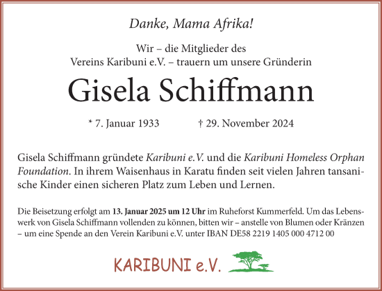 Traueranzeige von Gisela Schiffmann von Region Pinneberg und tip Pinneberg