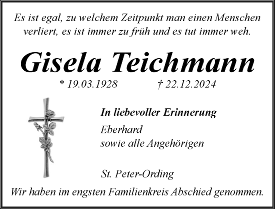 Traueranzeige von Gisela Teichmann von Husumer Nachrichten, Nordfriesland Tageblatt