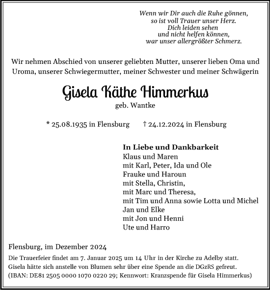 Traueranzeige von Gisela Käthe Himmerkus von Flensburger Tageblatt
