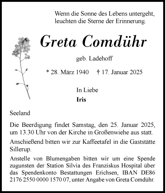 Traueranzeige von Greta Comdühr von Flensburger Tageblatt