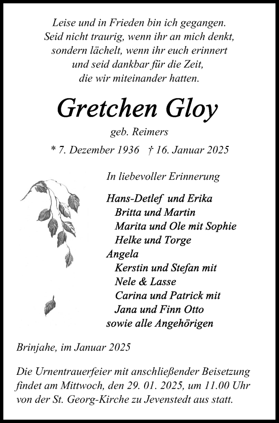 Traueranzeige von Gretchen Gloy von Schleswig-Holsteinische Landeszeitung