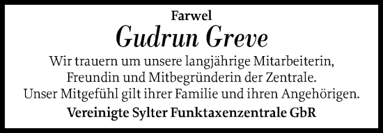 Traueranzeige von Gudrun Greve von Sylter Rundschau