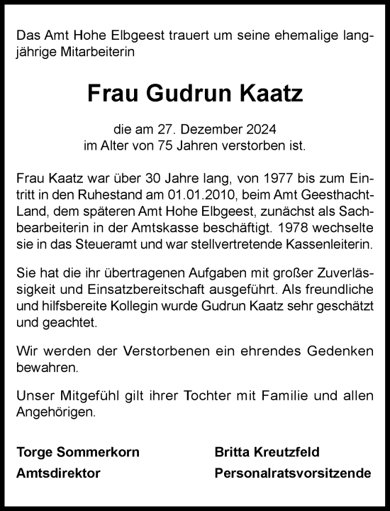 Traueranzeige von Gudrun Kaatz von Wochenend Anzeiger