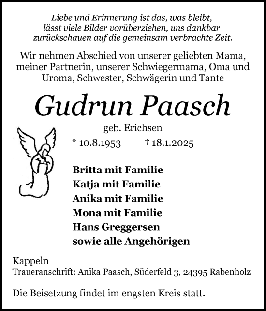 Traueranzeige von Gudrun Paasch von Schleswiger Nachrichten, Schlei-Bote, Eckernförder Zeitung