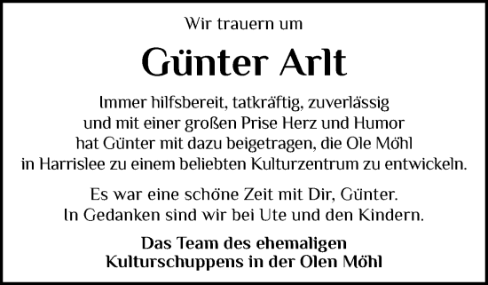 Traueranzeige von Günter Arlt von Flensburger Tageblatt