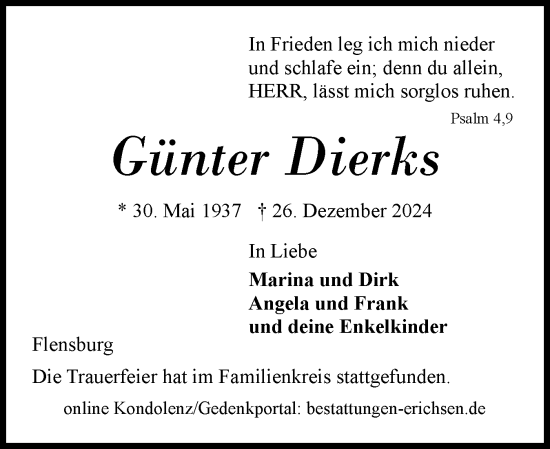 Traueranzeige von Günter Dierks von Flensburger Tageblatt
