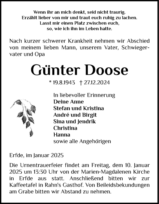 Traueranzeige von Günter Doose von Schleswig-Holsteinische Landeszeitung