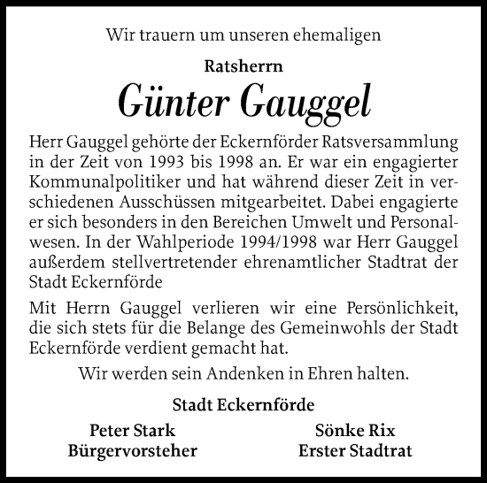 Traueranzeige von Günter Gauggel von Eckernförder Zeitung, Hallo Eckernförde