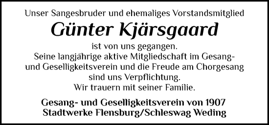Traueranzeige von Günter Kjärsgaard von Flensburger Tageblatt