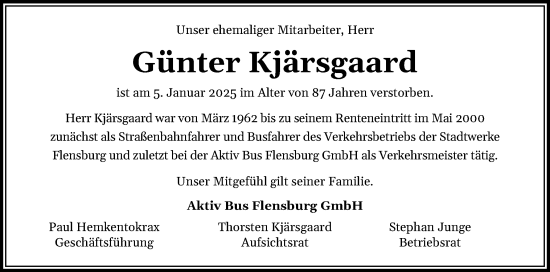 Traueranzeige von Günter Kjärsgaard von Flensburger Tageblatt
