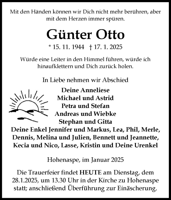 Traueranzeige von Günter Otto von Norddeutsche Rundschau, Wilstersche Zeitung, Glückstädter Fortuna
