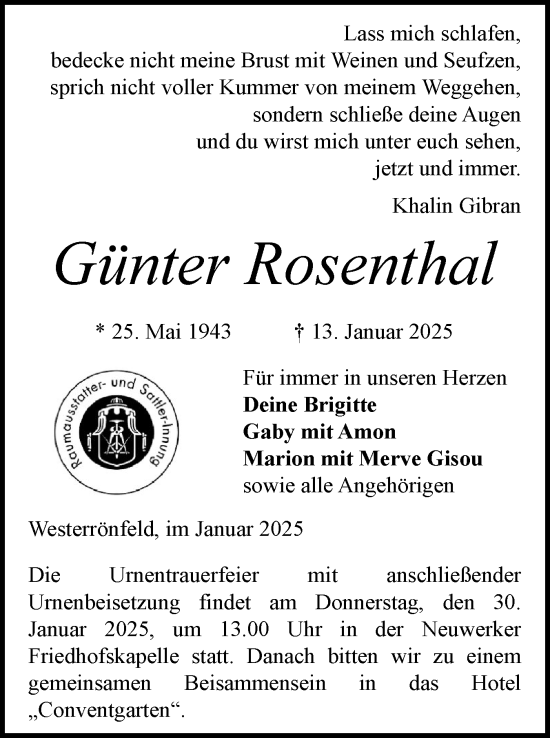 Traueranzeige von Günter Rosenthal von Schleswig-Holsteinische Landeszeitung