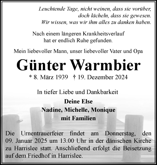 Traueranzeige von Günter Warmbier von Flensburger Tageblatt
