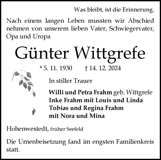 Traueranzeige von Günter Wittgrefe von Schleswig-Holsteinische Landeszeitung
