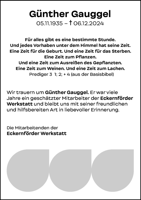 Traueranzeige von Günther Gauggel von Eckernförder Zeitung, Hallo Eckernförde