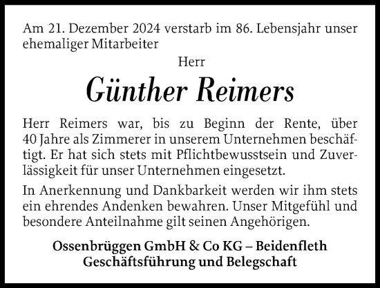Traueranzeige von Günther Reimers von Norddeutsche Rundschau, Wilstersche Zeitung, Glückstädter Fortuna