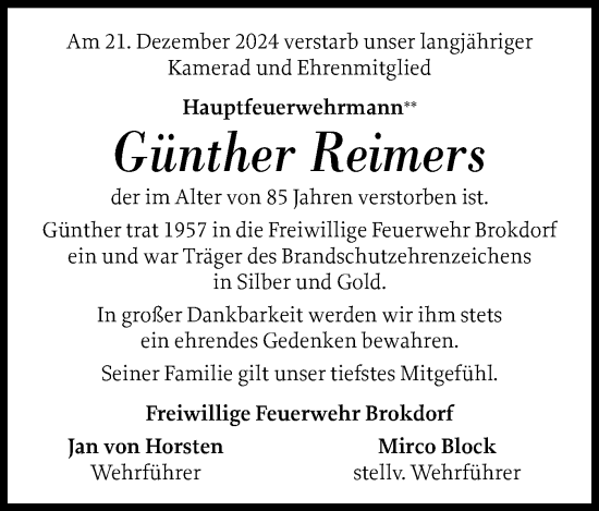 Traueranzeige von Günther Reimers von Norddeutsche Rundschau, Wilstersche Zeitung, Glückstädter Fortuna