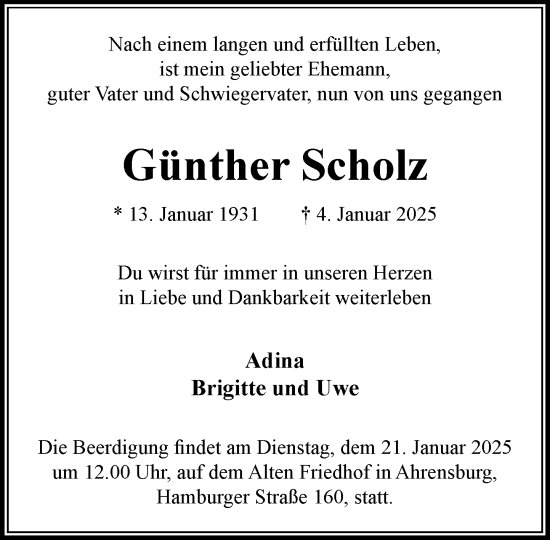 Traueranzeige von Günther Scholz von MARKT Ahrensburg/Bargteheide/Trittau und Stormarner Tageblatt