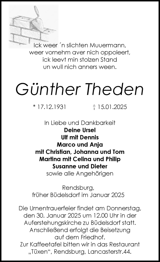 Traueranzeige von Günther Theden von Schleswig-Holsteinische Landeszeitung