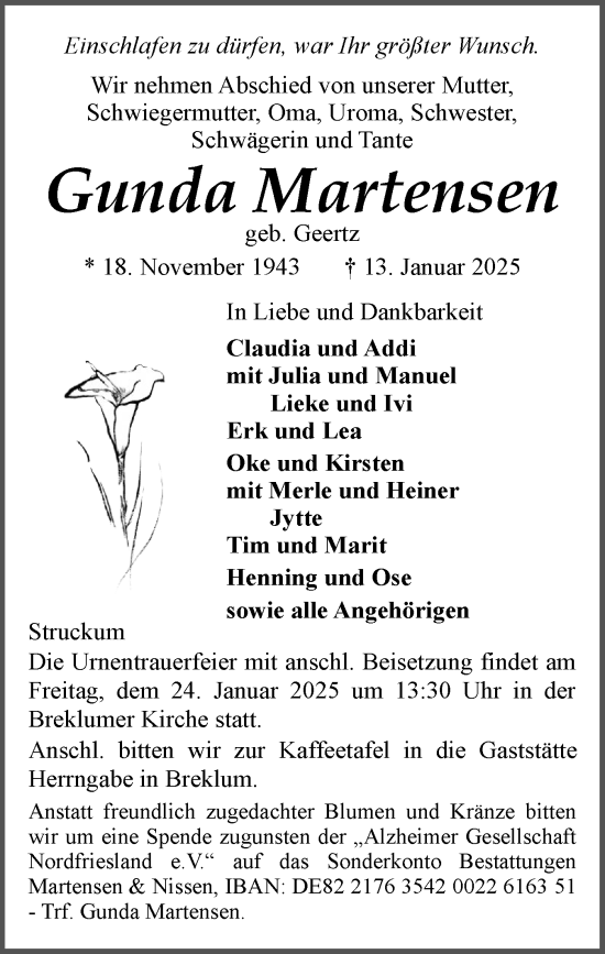 Traueranzeige von Gunda Martensen von Husumer Nachrichten, Nordfriesland Tageblatt