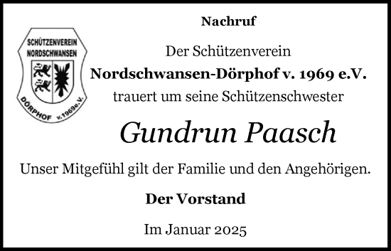 Traueranzeige von Gundrun Paasch von Schleswiger Nachrichten, Schlei-Bote, Eckernförder Zeitung