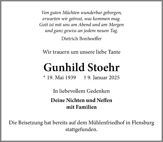 Traueranzeige von Gunhild Stoehr von MARKT Ahrensburg/Bargteheide/Trittau und Stormarner Tageblatt