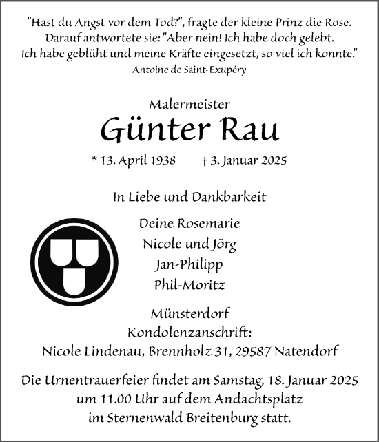 Traueranzeige von Gunter Rau von Norddeutsche Rundschau, Wilstersche Zeitung, Glückstädter Fortuna