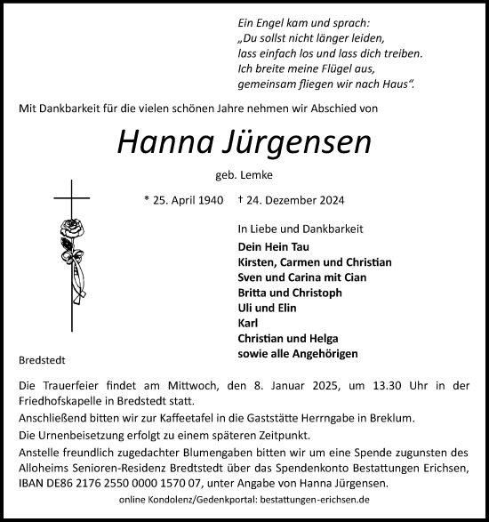 Traueranzeige von Hanna Jürgensen von Region Flensburg