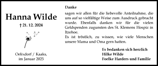 Traueranzeige von Hanna Wilde von Norddeutsche Rundschau, Wilstersche Zeitung, Glückstädter Fortuna