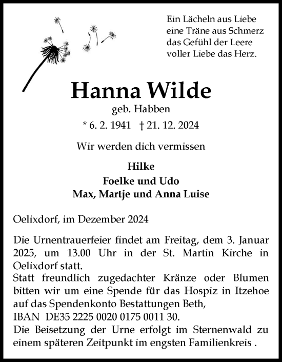 Traueranzeige von Hanna Wilde von Norddeutsche Rundschau, Wilstersche Zeitung, Glückstädter Fortuna