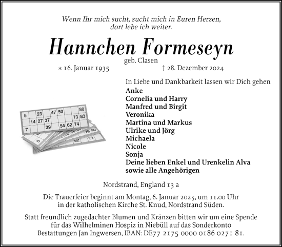 Traueranzeige von Hannchen Formeseyn von Husumer Nachrichten, Nordfriesland Tageblatt