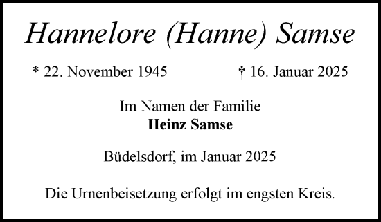 Traueranzeige von Hannelore Samse von Schleswig-Holsteinische Landeszeitung