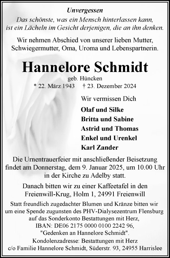Traueranzeige von Hannelore Schmidt von Flensburger Tageblatt