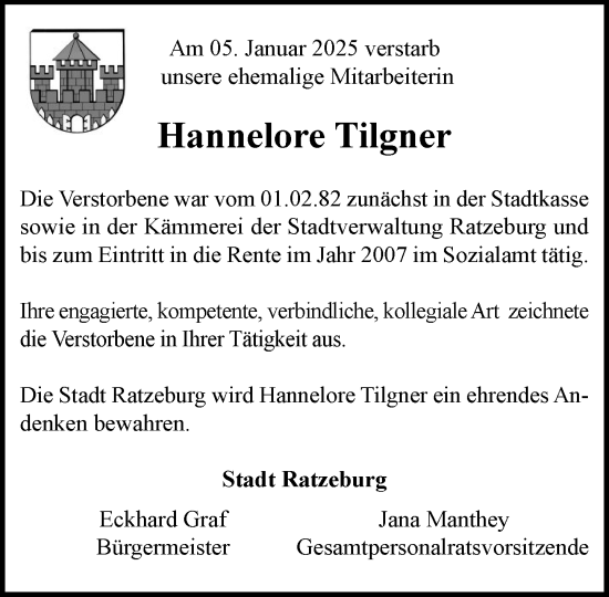 Traueranzeige von Hannelore Tilgner von MARKT Ratzeburg/Mölln