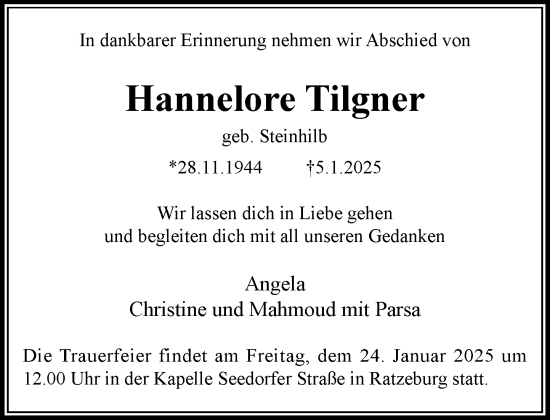 Traueranzeige von Hannelore Tilgner von MARKT Ratzeburg/Mölln