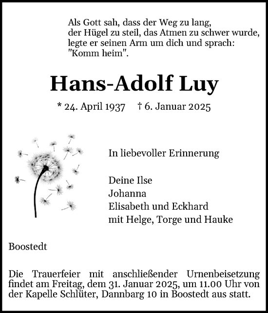 Traueranzeige von Hans-Adolf Luy von Holsteinischer Courier