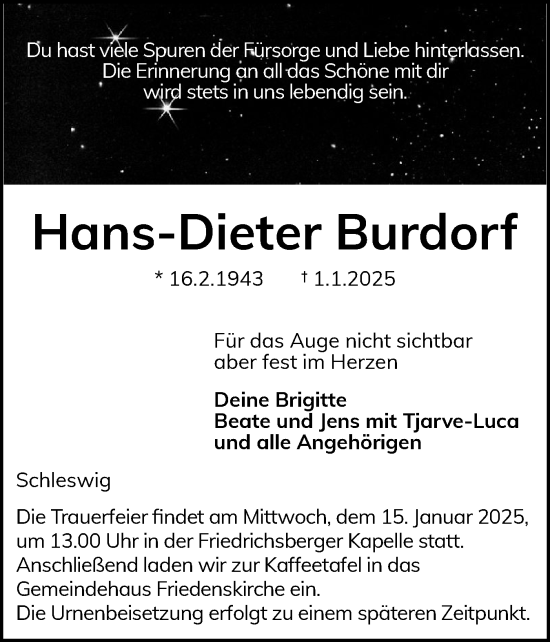 Traueranzeige von Hans-Dieter Burdorf von Schleswiger Nachrichten, Schlei-Bote