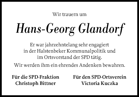 Traueranzeige von Hans-Georg Glandorf von Region Pinneberg und tip Pinneberg