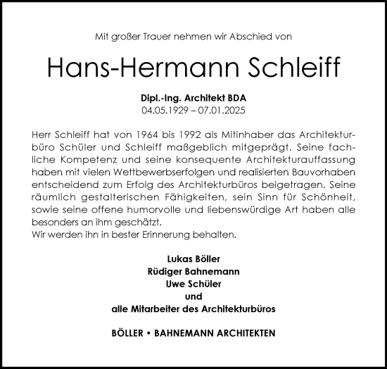 Traueranzeige von Hans-Hermann Schleiff von Schleswig-Holsteinische Landeszeitung