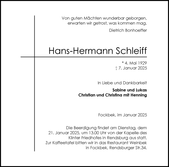 Traueranzeige von Hans-Hermann Schleiff von Schleswig-Holsteinische Landeszeitung