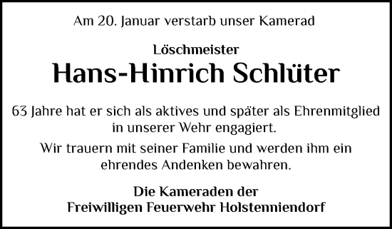 Traueranzeige von Hans-Hinrich Schlüter von Norddeutsche Rundschau, Wilstersche Zeitung, Glückstädter Fortuna
