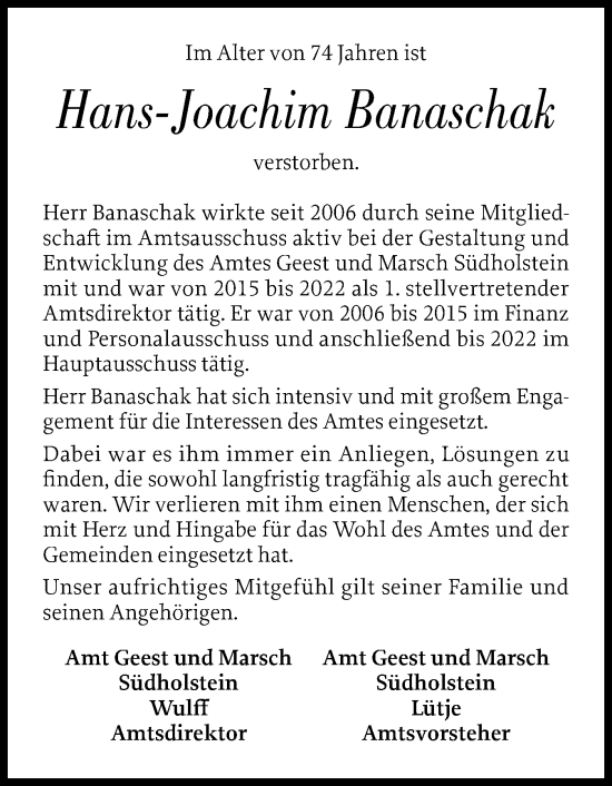 Traueranzeige von Hans-Joachim Banaschak von Region Pinneberg und tip Pinneberg