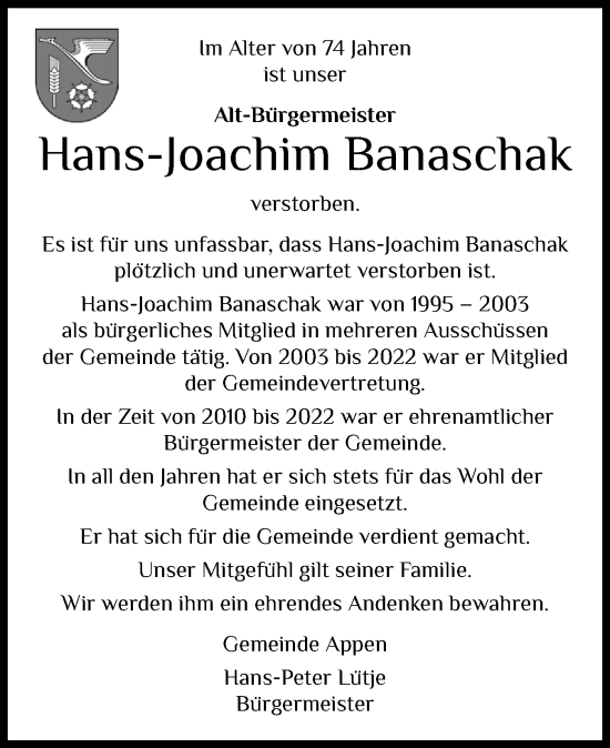 Traueranzeige von Hans-Joachim Banaschak von Region Pinneberg und tip Pinneberg