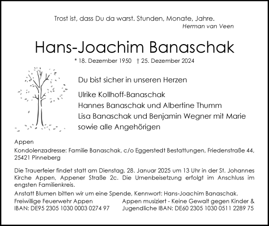 Traueranzeige von Hans-Joachim Banaschak von Region Pinneberg und tip Pinneberg