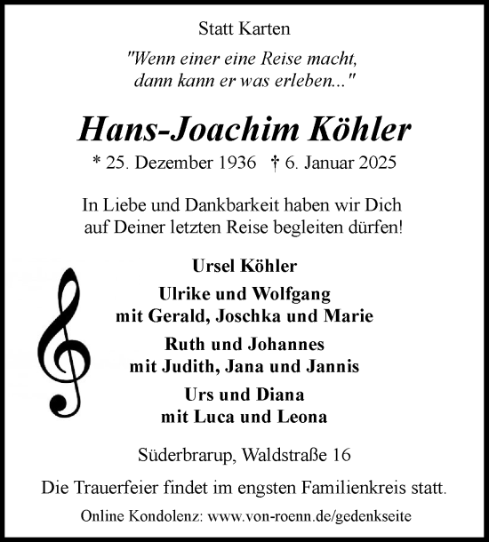 Traueranzeige von Hans-Joachim Köhler von Flensburger Tageblatt, Schleswiger Nachrichten, Schlei-Bote