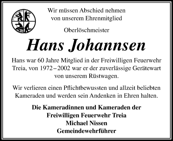 Traueranzeige von Hans Friedrich Johannsen von Schleswiger Nachrichten, Schlei-Bote
