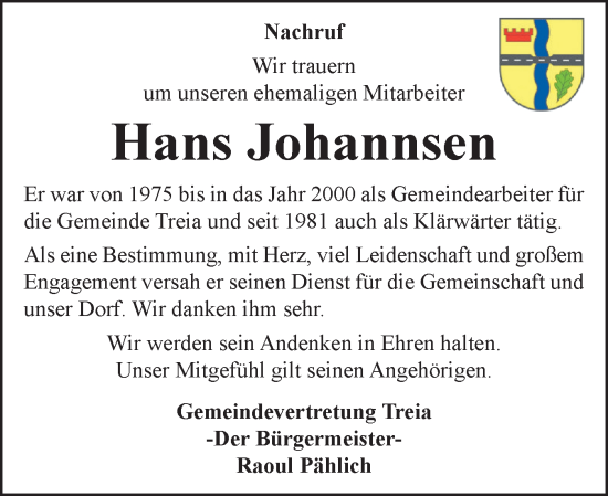 Traueranzeige von Hans Friedrich Johannsen von Schleswiger Nachrichten, Schlei-Bote