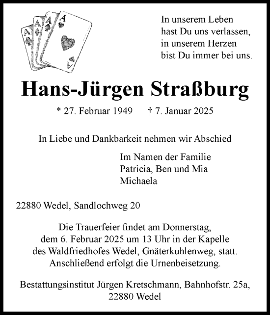 Traueranzeige von Hans-Jürgen Straßburg von Wedel-Schulauer Tageblatt, tip Wedel-Schulauer Tageblatt, tip Rissener Rundschau