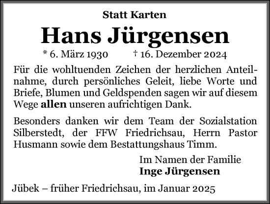 Traueranzeige von Hans Jürgensen von Schleswiger Nachrichten, Schlei-Bote