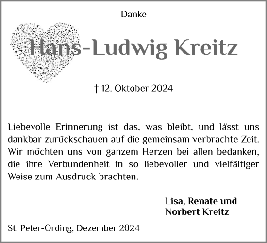 Traueranzeige von Hans-Ludwig Kreitz von Husumer Nachrichten, Nordfriesland Tageblatt